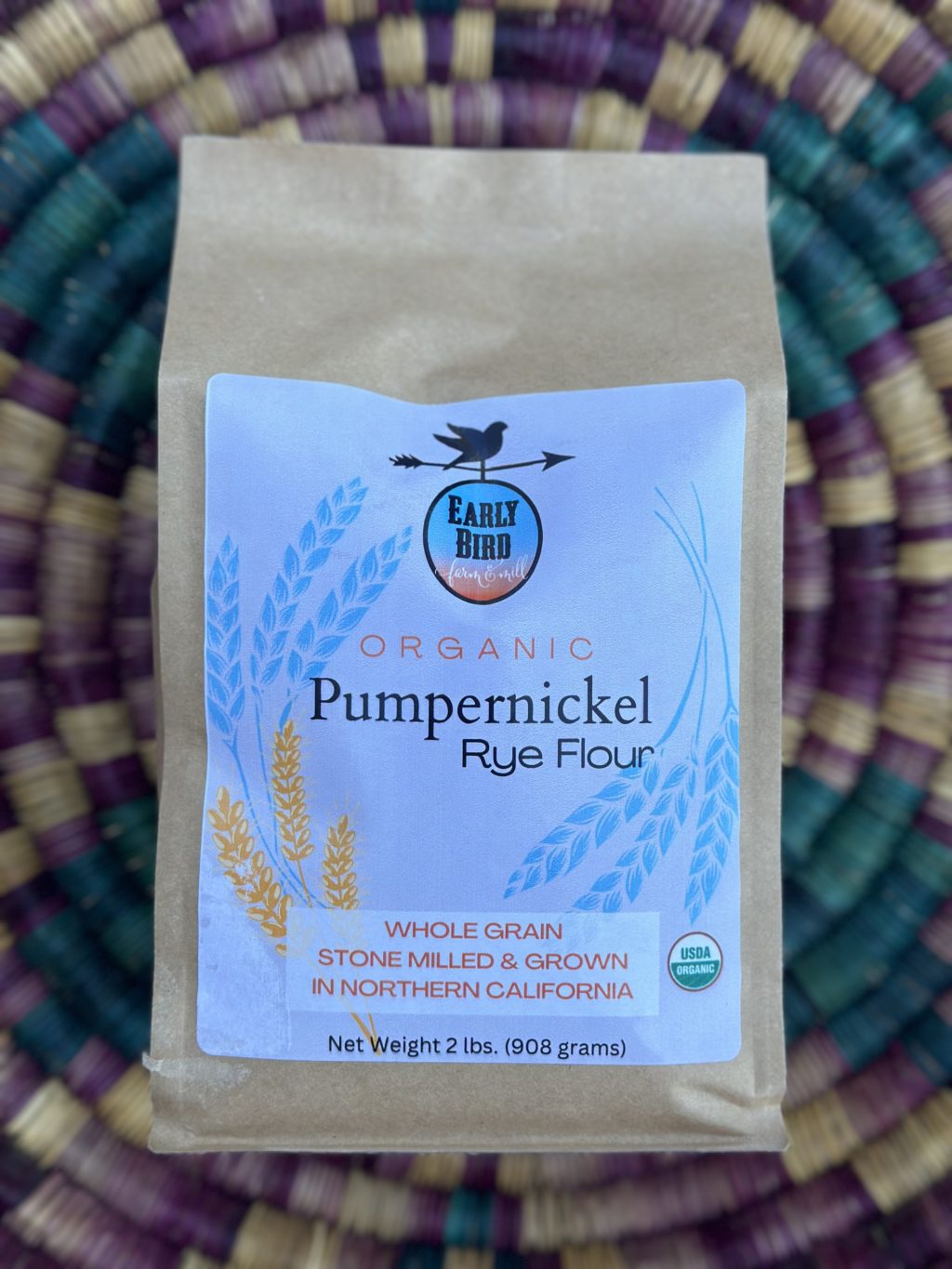Early Bird Farm & Mill Pumpernickel Rye Flour Bag in Basket